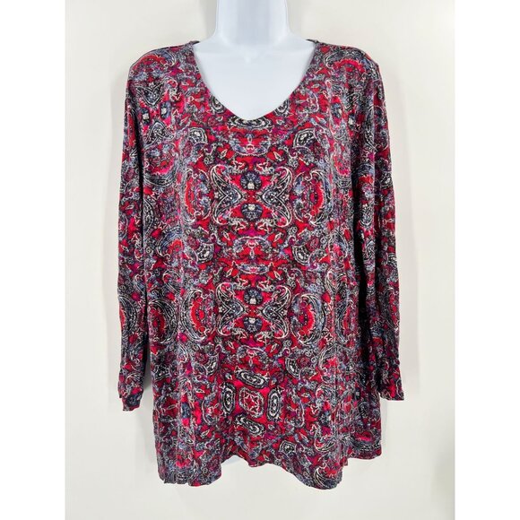 J. Jill Womens XL Petite Red Paisley Print V-Neck Long Sleeve Top - Picture 10 of 10